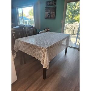 Elegant White Leaves Print Lace Tablecloth Romantic 82x58 Semi-Sheer Coquette